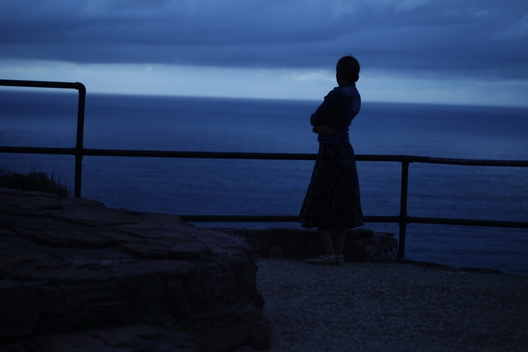 A lone figure contemplates the ocean at dusk from a cliffside overlook, silhouetted against a deep blue sky and sea.